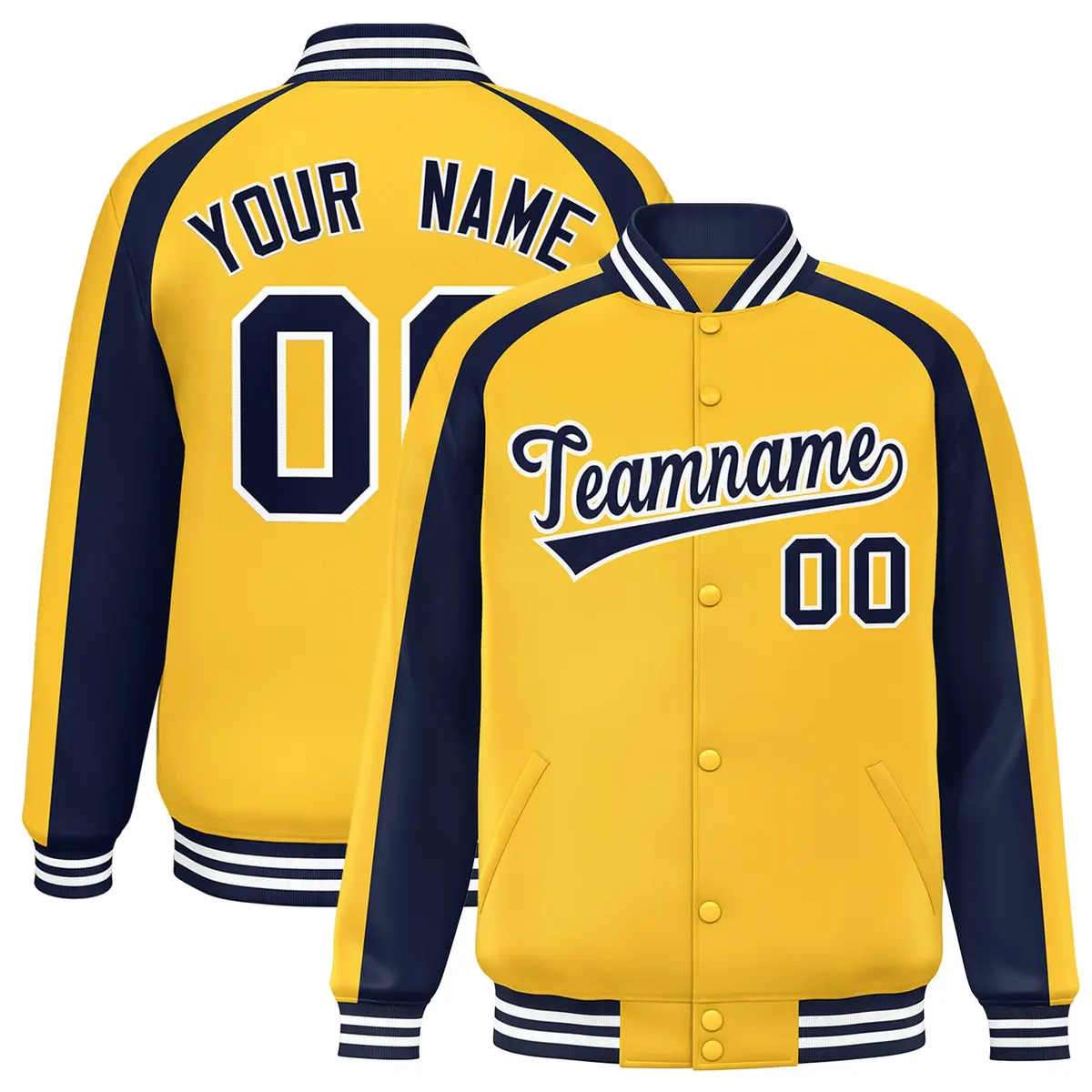 Gold Navy Color Block Raglan Varsity Letterman Jacket