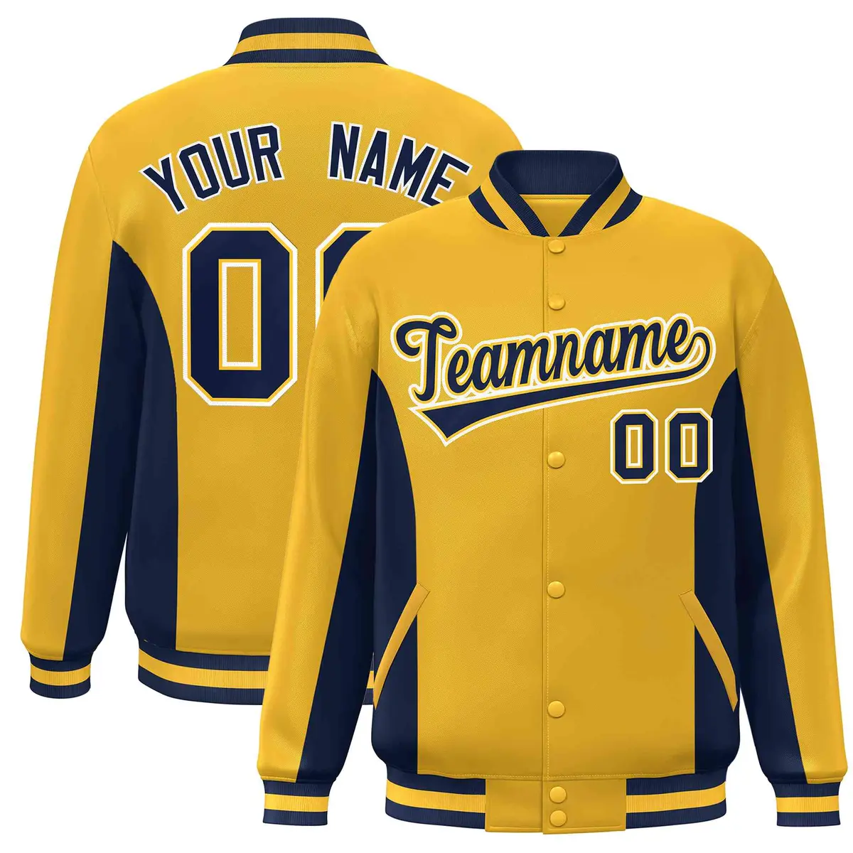 Gold Navy Color Block Varsity Letterman Baseball Jacket