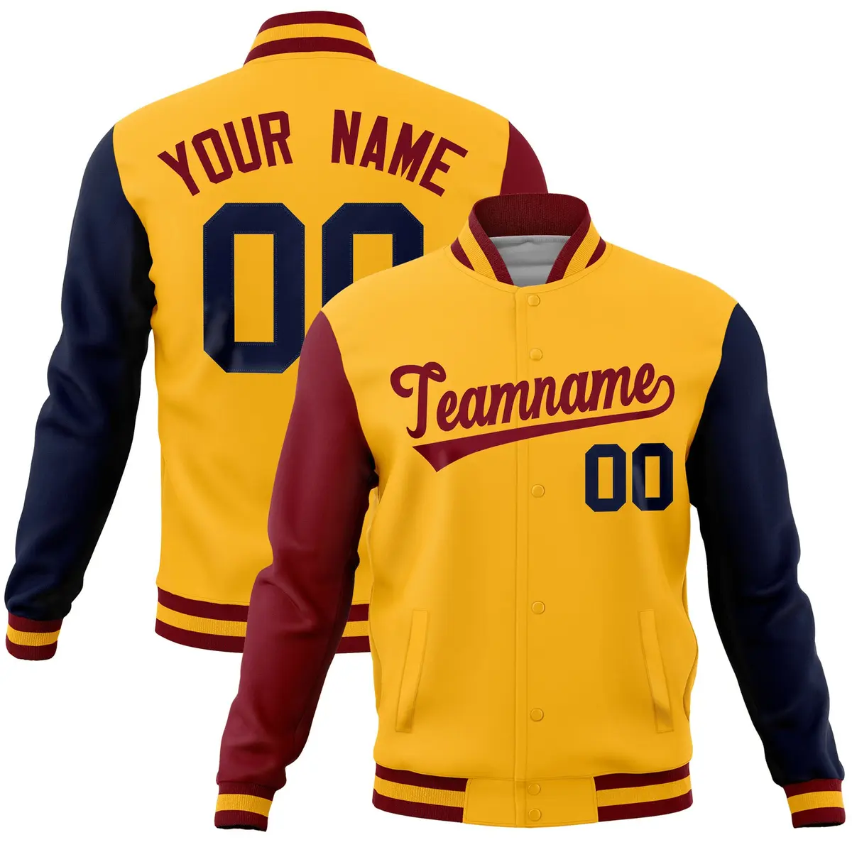 Gold Navy-Crimson Full-Snap Raglan Varsity Letterman Jacket