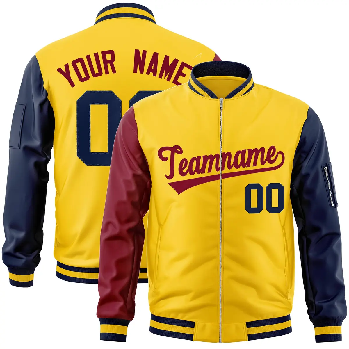 Gold Navy-Crimson Varsity Full-Zip Raglan Letterman Bomber Jacket