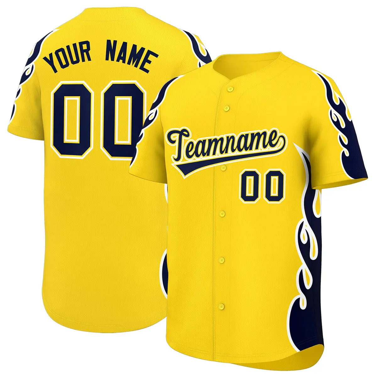 Gold Navy Flame Outline Side Pattern Baseball Jersey