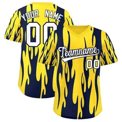 Gold Navy Flame Pattern Authentic Pullover Baseball Jersey 1
