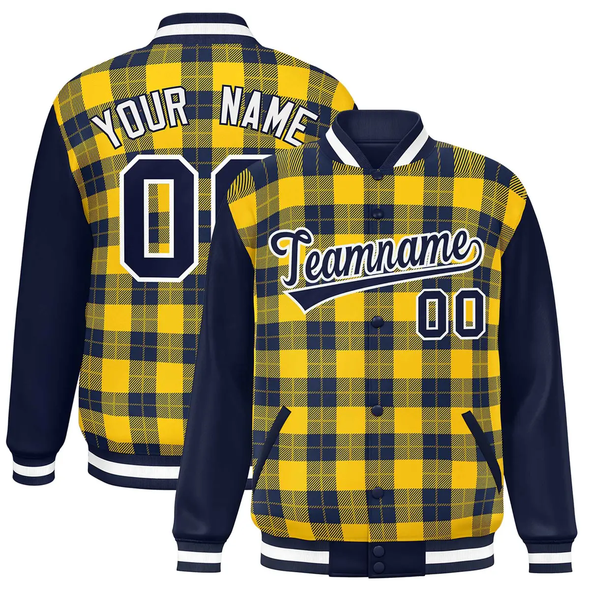 Gold Navy-Gold Plaid Pattern Varsity Full-Snap Letterman Jacket
