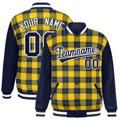 Gold Navy-Gold Plaid Pattern Varsity Full-Snap Letterman Jacket