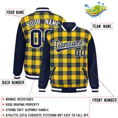 Gold Navy-Gold Plaid Pattern Varsity Full-Snap Letterman Jacket 2