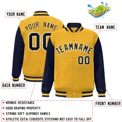 Gold Navy-Gold Raglan Sleeves Varsity Full-Snap Letterman Jacket 2