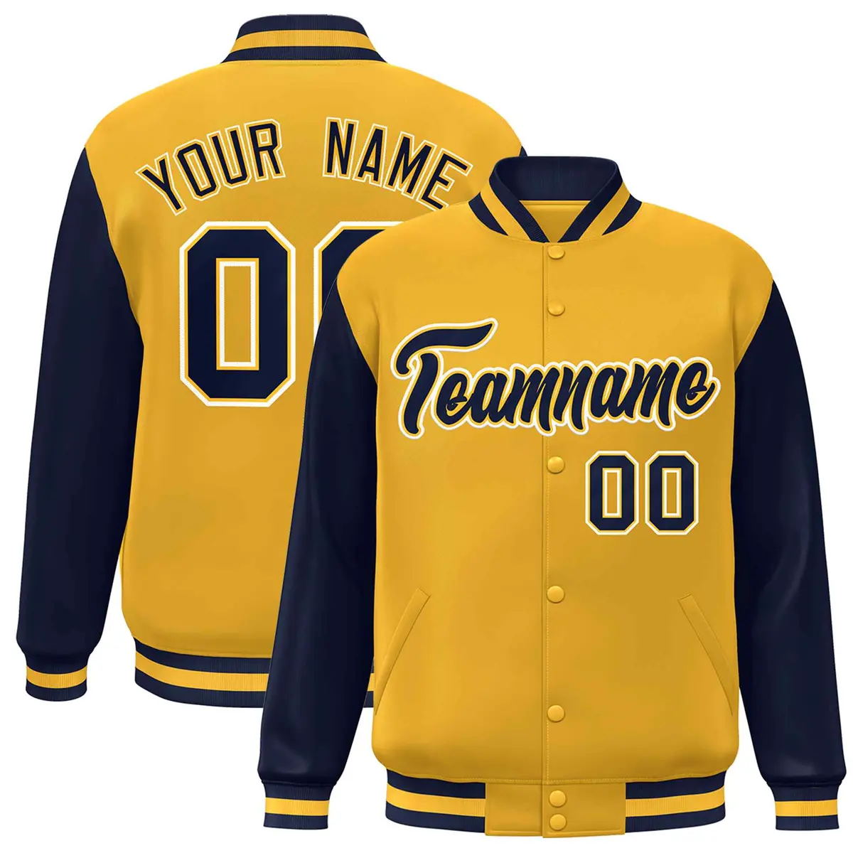 Gold Navy-Gold Raglan Sleeves Varsity Full-Snap Letterman Jacket
