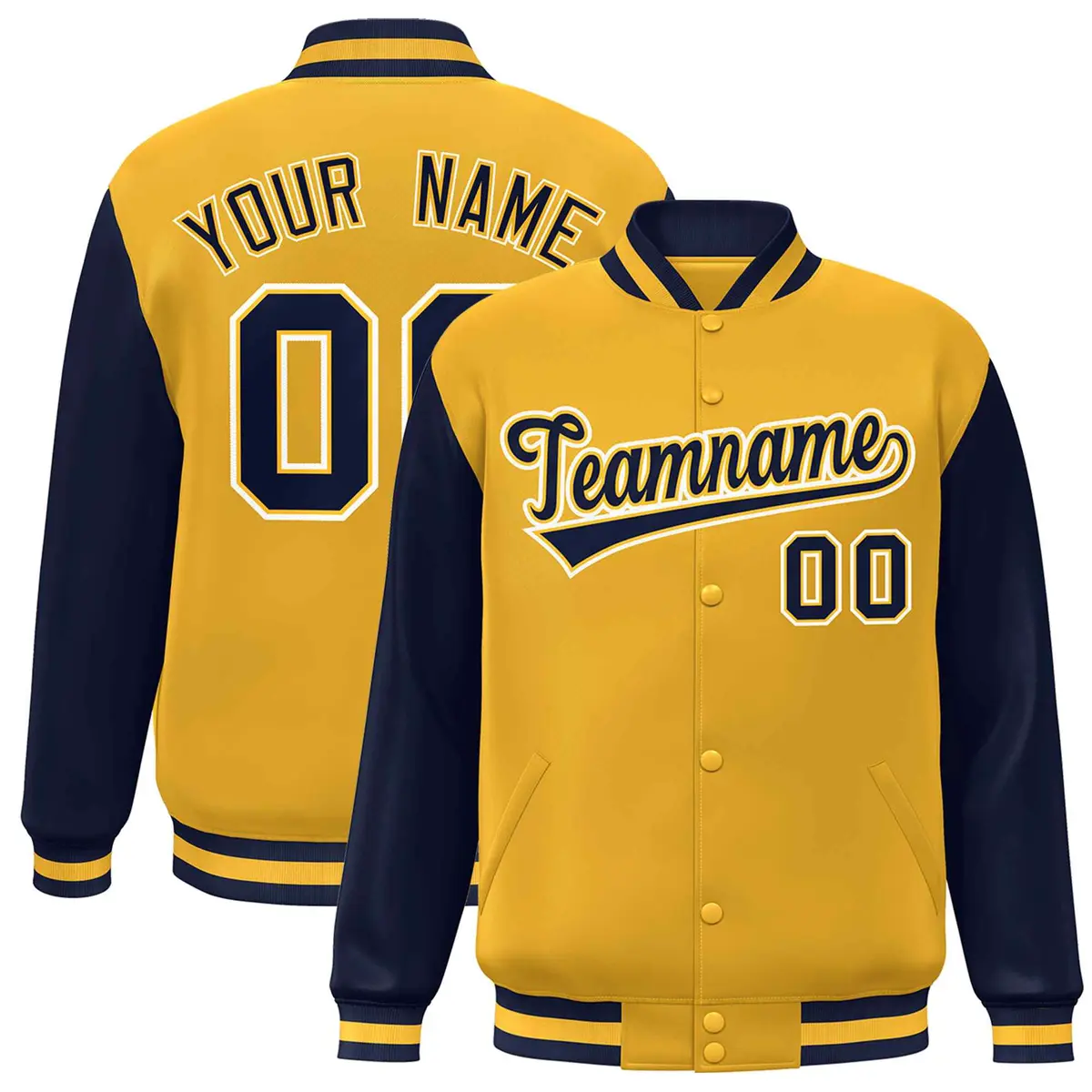 Gold Navy-Gold Raglan Sleeves Varsity Full-Snap Letterman Jacket