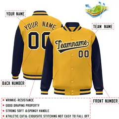 Gold Navy-Gold Raglan Sleeves Varsity Full-Snap Letterman Jacket 2