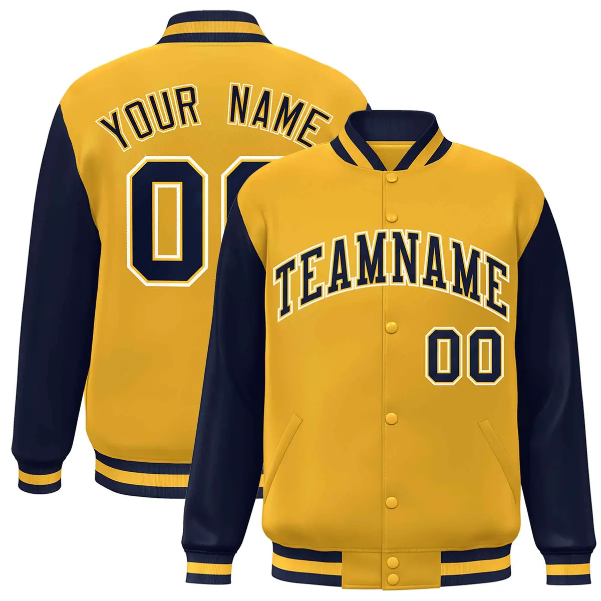Gold Navy-Gold Raglan Sleeves Varsity Full-Snap Letterman Jacket