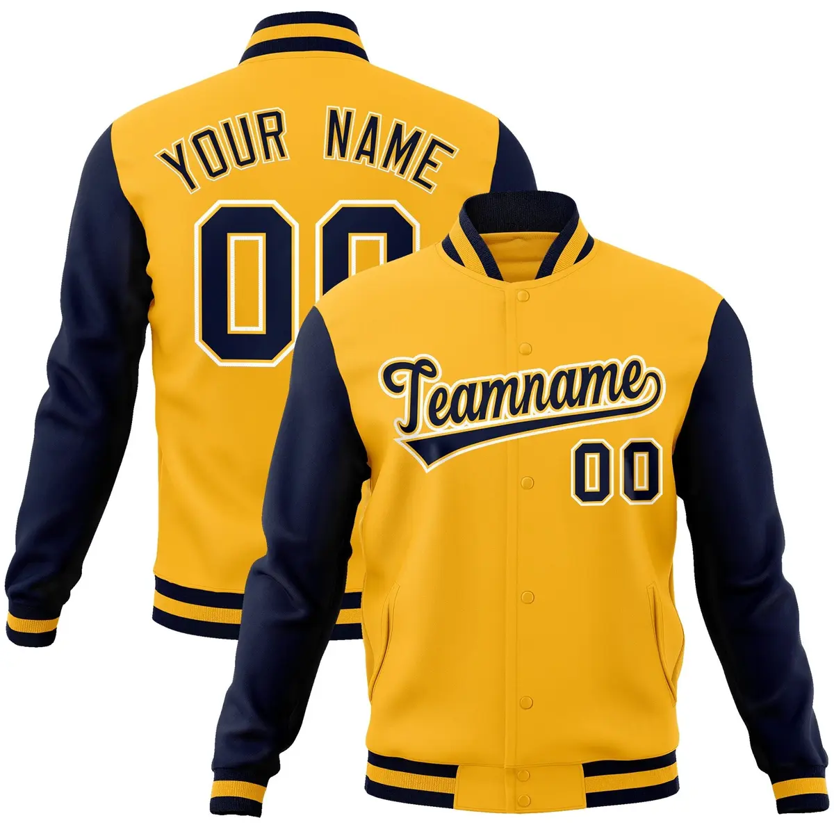 Gold Navy-Gold Raglan Sleeves Varsity Full-Snap Letterman Jacket