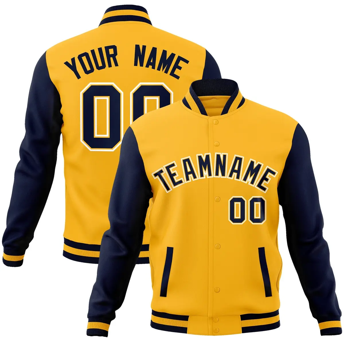 Gold Navy-Gold Raglan Sleeves Varsity Full-Snap Letterman Jacket