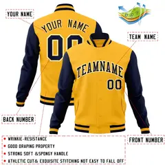 Gold Navy-Gold Raglan Sleeves Varsity Full-Snap Letterman Jacket 4