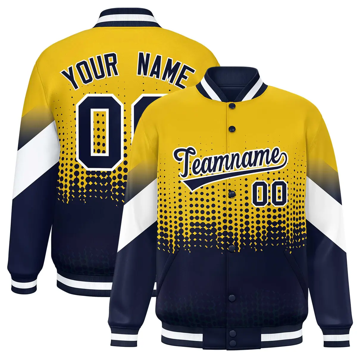 Gold Navy Gradient Polka Dot Full-Snap Letterman Jacket