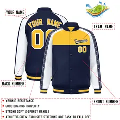 Gold Navy K-Ribbon Raglan Color Block Varsity Letterman Jacket 2