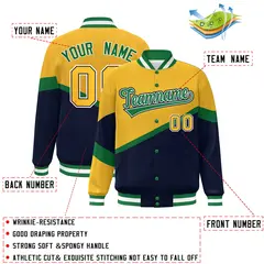 Gold Navy Kelly Green-White Color Block Varsity Baseball Jacket 2