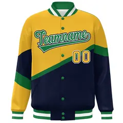 Gold Navy Kelly Green-White Color Block Varsity Baseball Jacket 3