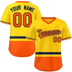 Gold Navy-Orange Color Block V-Neck Pullover Baseball Jersey
