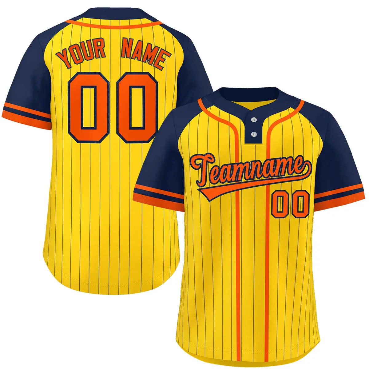 Gold Navy-Orange Stripe Raglan Two-Button Softball Jersey