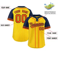 Gold Navy-Orange Stripe Raglan Two-Button Softball Jersey 2