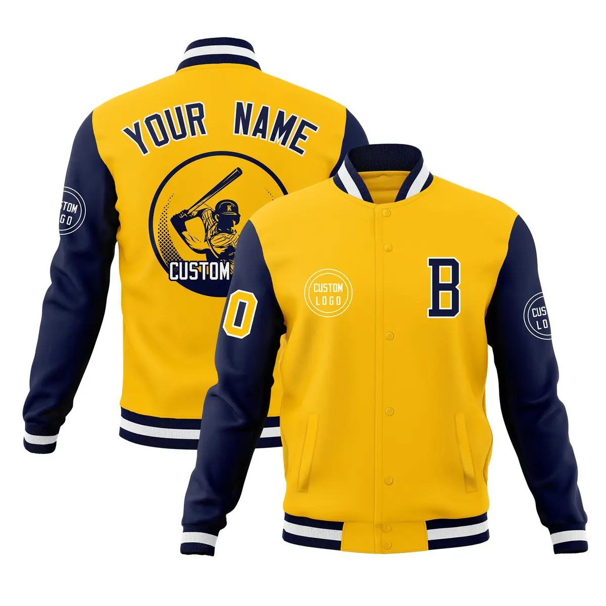 Gold Navy Raglan Full-Snap Varsity Letterman Jacket