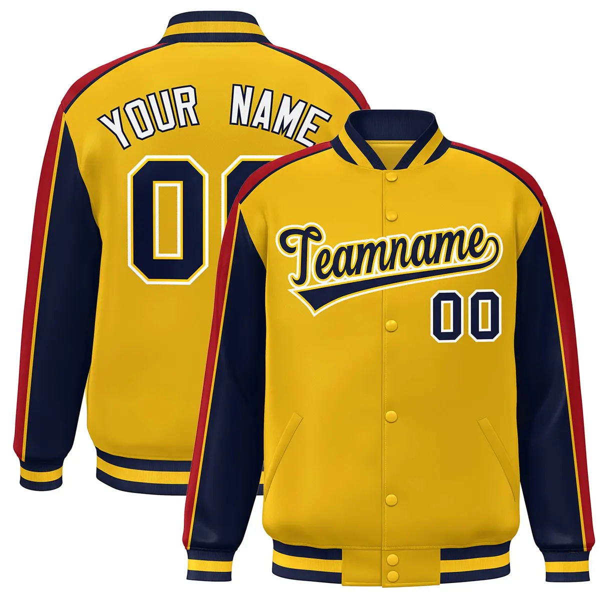 Gold Navy-Red Color Block Varsity Bomber Baseball Jacket
