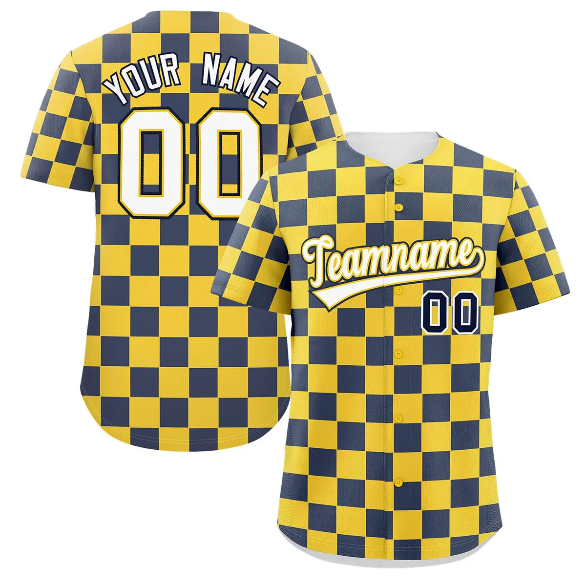 Gold Navy Square Grid Color Block Baseball Jersey