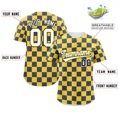 Gold Navy Square Grid Color Block Baseball Jersey 2