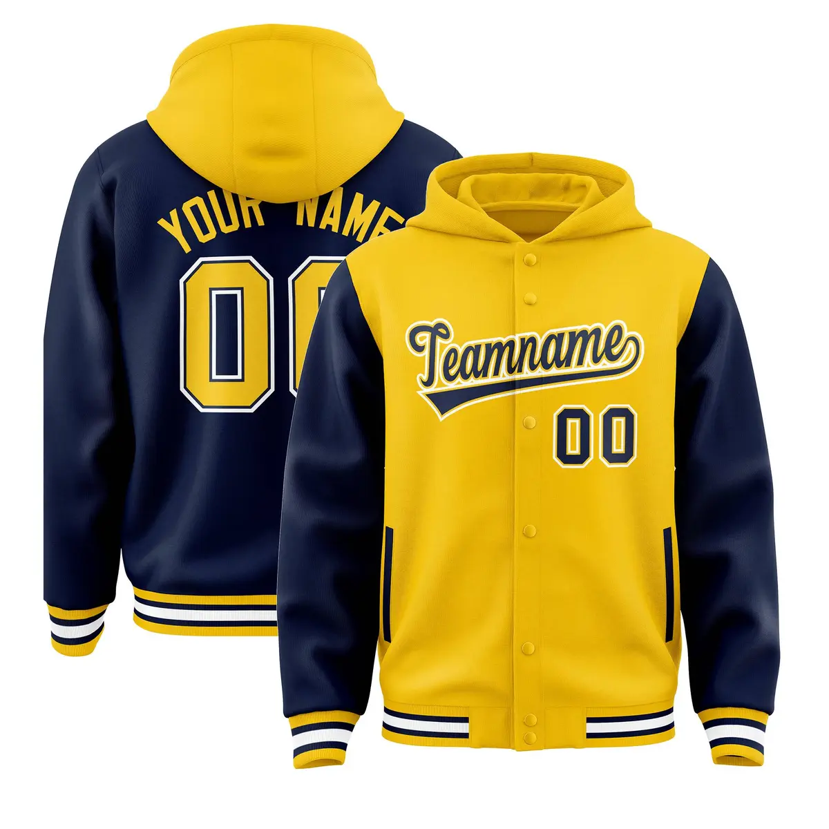 Gold Navy Two Tone Full-Snap Raglan Varsity Letterman Jacket Hoodie