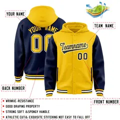Gold Navy Two Tone Full-Snap Raglan Varsity Letterman Jacket Hoodie 4