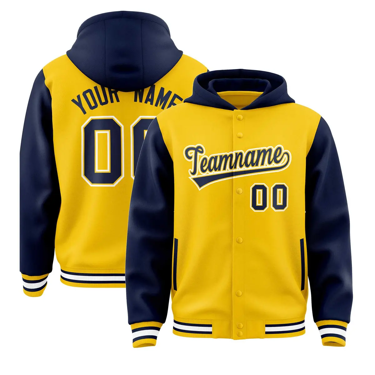 Gold Navy Two Tone Full-Snap Raglan Varsity Letterman Jacket Hoodie
