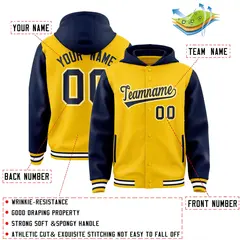 Gold Navy Two Tone Full-Snap Raglan Varsity Letterman Jacket Hoodie 4