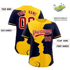 Gold Navy Valentine's Day Couple Silhouettes Baseball Jersey 3