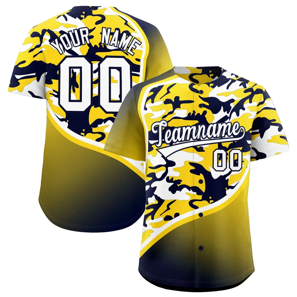 Gold Navy White Camo Gradient Fashion Baseball Jersey