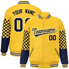 Gold Navy-White Checkered Color Block Bomber Varsity Jacket