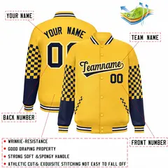Gold Navy-White Checkered Color Block Bomber Varsity Jacket 2