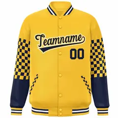 Gold Navy-White Checkered Color Block Bomber Varsity Jacket 3