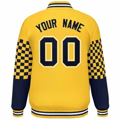 Gold Navy-White Checkered Color Block Bomber Varsity Jacket 4
