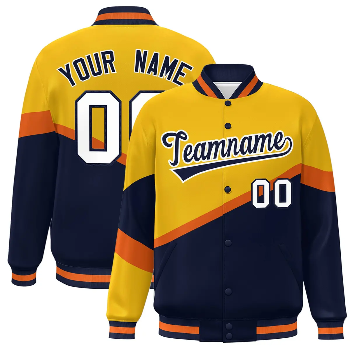 Gold Navy-White Color Block Bomber Varsity Baseball Jacket