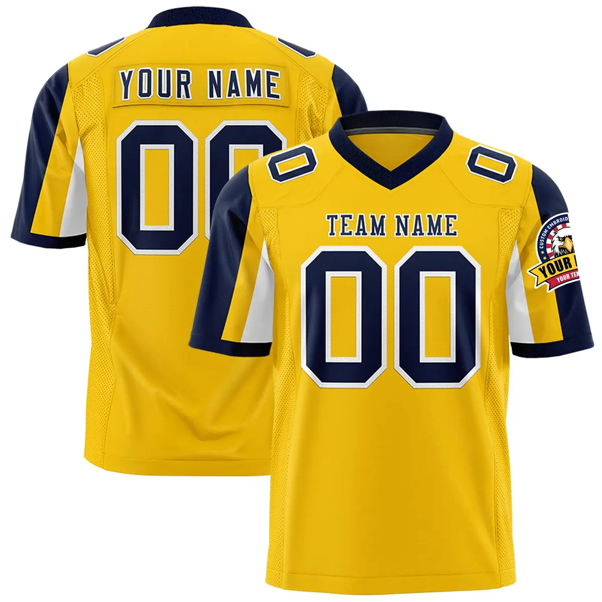 Gold Navy-White Color Block Raglan Sleeves Football Jersey