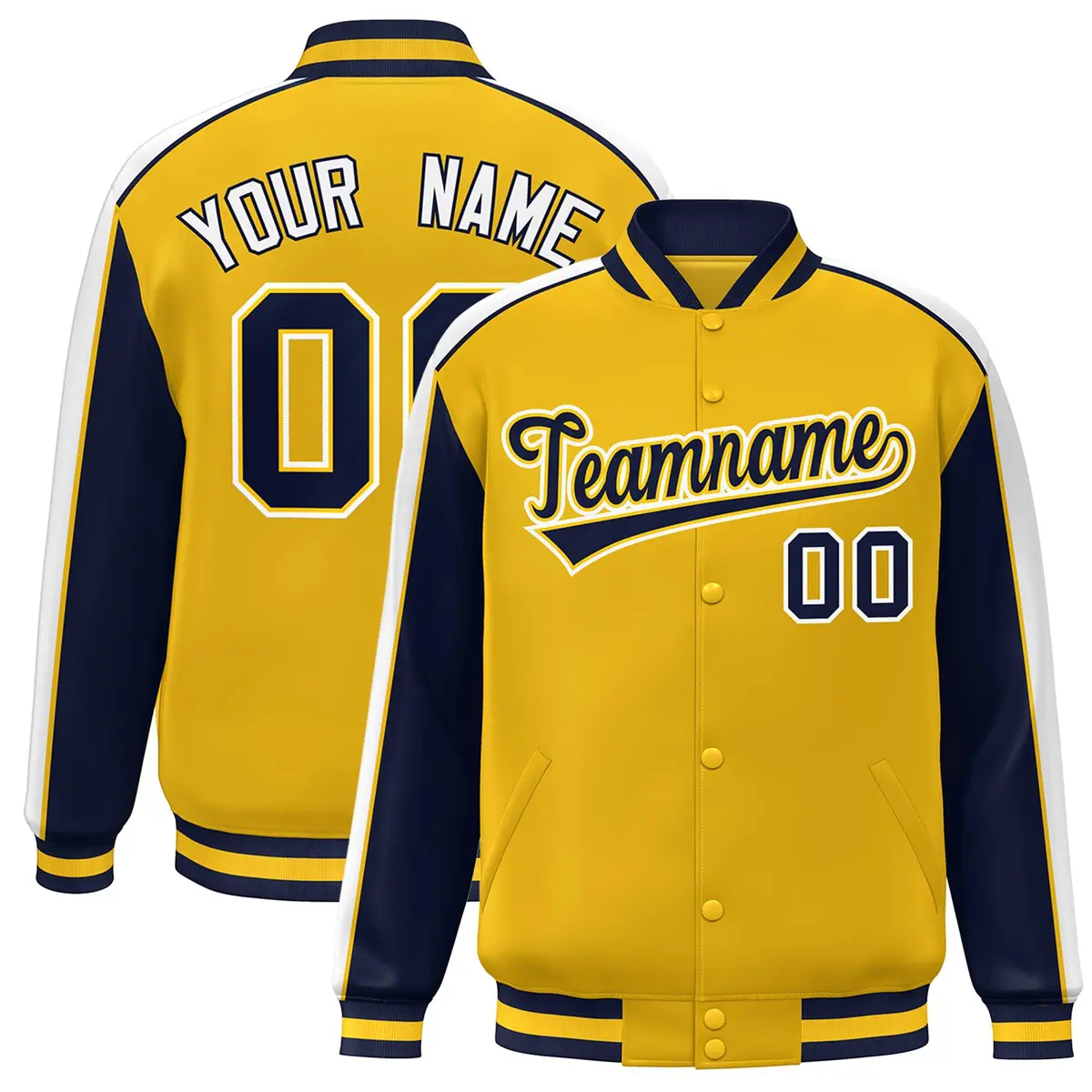 Gold Navy-White Color Block Varsity Bomber Baseball Jacket