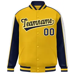 Gold Navy-White Color Block Varsity Bomber Baseball Jacket 3