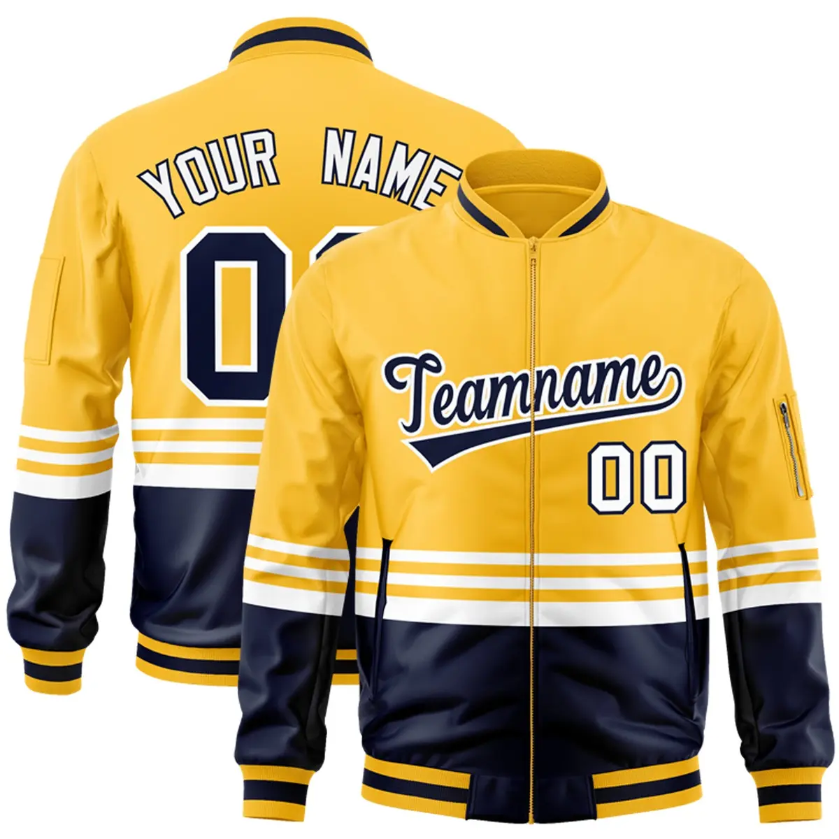 Gold Navy-White Color Block Varsity Letterman Bomber Jacket