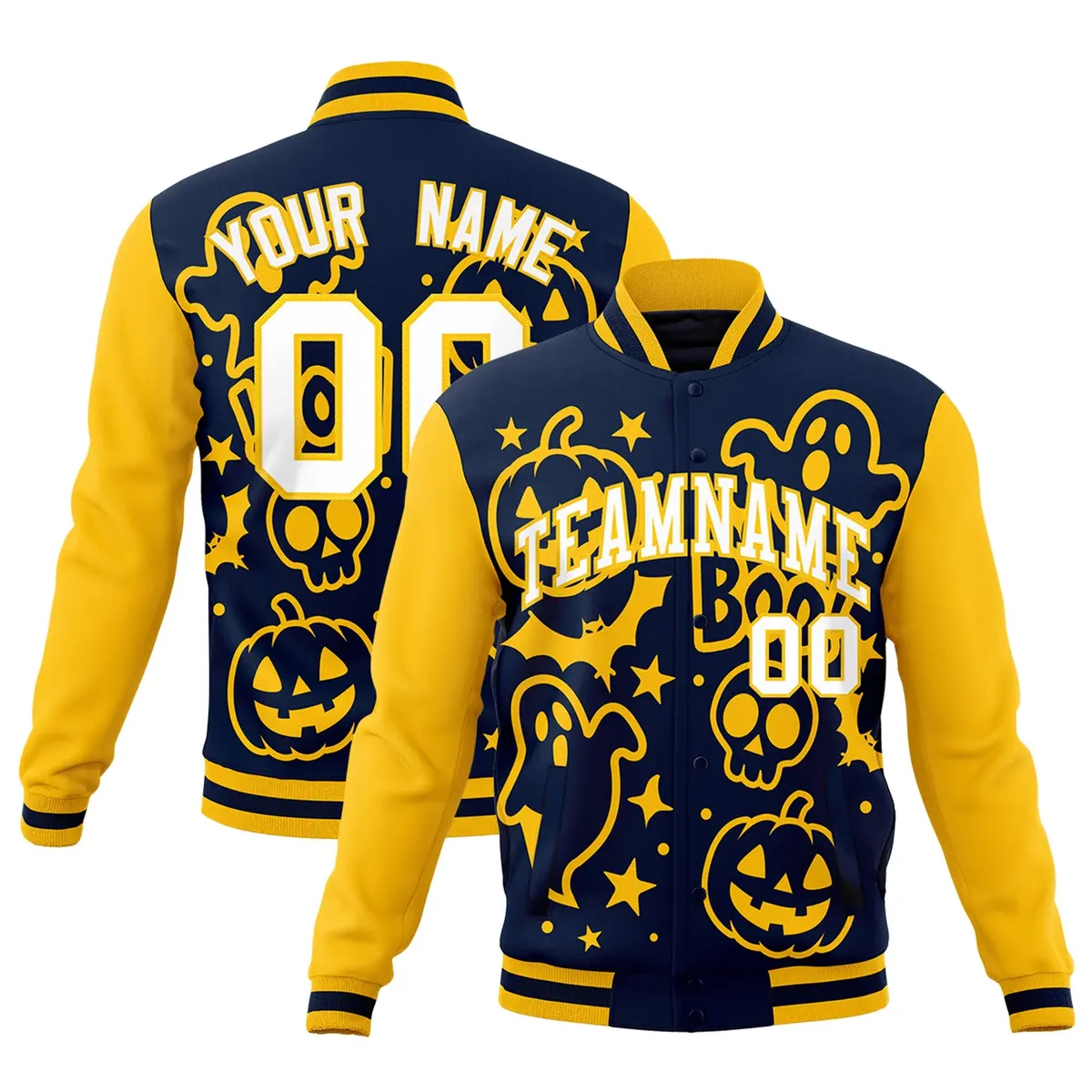 Gold Navy White Halloween Bats Pumpkins Ghost Letterman Jacket