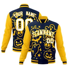 Gold Navy White Halloween Bats Pumpkins Ghost Letterman Jacket