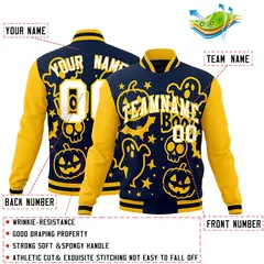 Gold Navy White Halloween Bats Pumpkins Ghost Letterman Jacket 2