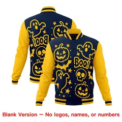 Gold Navy White Halloween Bats Pumpkins Ghost Letterman Jacket 7