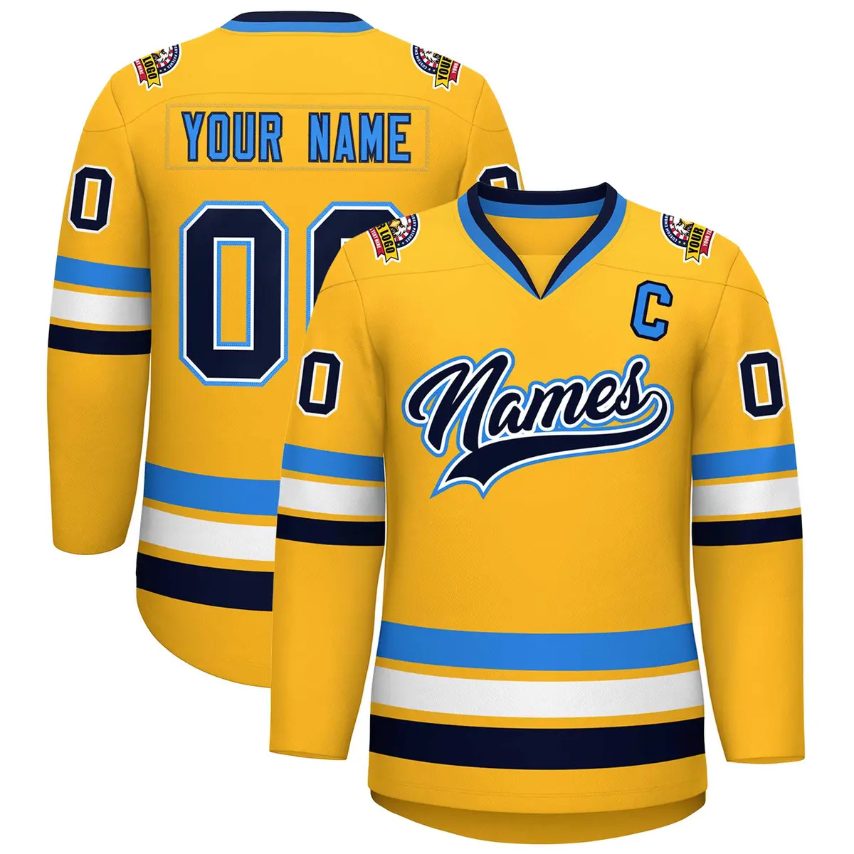 Gold Navy White-Powder Blue Classic Hockey Jersey