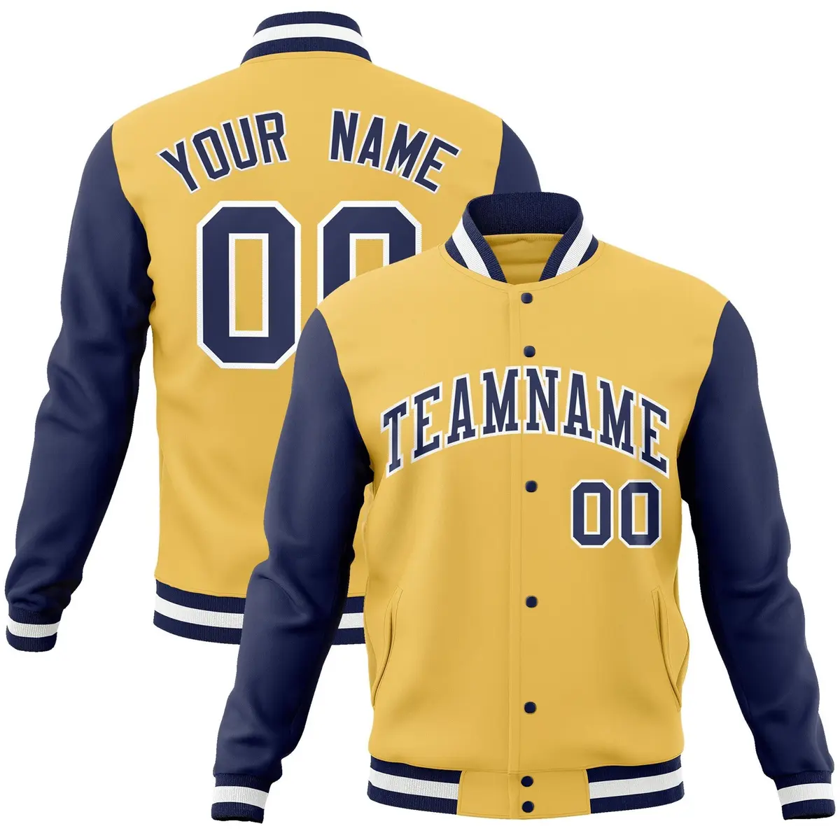 Gold Navy-White Raglan Varsity Full-Snap Letterman Jacket