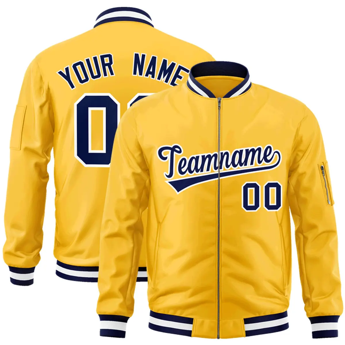 Gold Navy-White Varsity Full-Zip Letterman Bomber Jacket